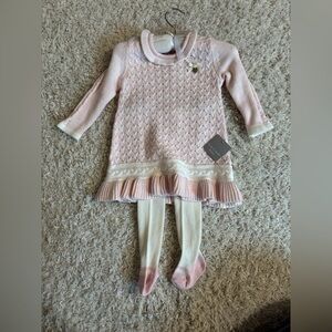 Pink knit sweater dress with white leggings. Infant size 3-6 months